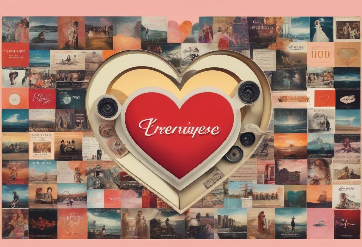 An artistic collage depicting iconic classic love stories merging into modern streaming platforms. On one side, vintage film reels and romance novels intertwine with heart symbols, while the other side showcases digital screens displaying popular streaming service logos and contemporary couples watching love stories together. Soft, warm colors to evoke nostalgia and affection. A dreamy, whimsical style highlighting the transition from past to present. vibrant colors. painting.