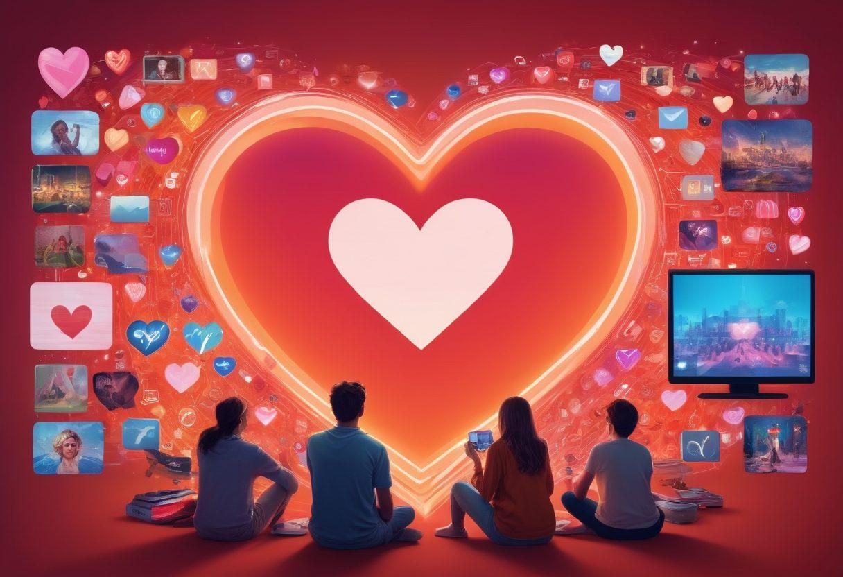 A digital collage illustrating various online platforms like social media, streaming services, and gaming, intertwined with symbols of affection like hearts, hugs, and love letters. Include diverse groups of people enjoying entertainment together virtually, with glowing screens and warm colors. Emphasize connectivity with vibrant lines connecting each platform. Artistic style: modern digital art with a dynamic, energetic feel.